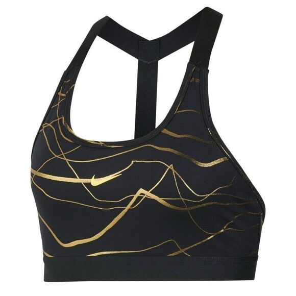 Nike Swoosh Icon Clash Sports Bra XS Mid Support T-Back Black Gold Dri-Fit Run - Picture 1 of 8